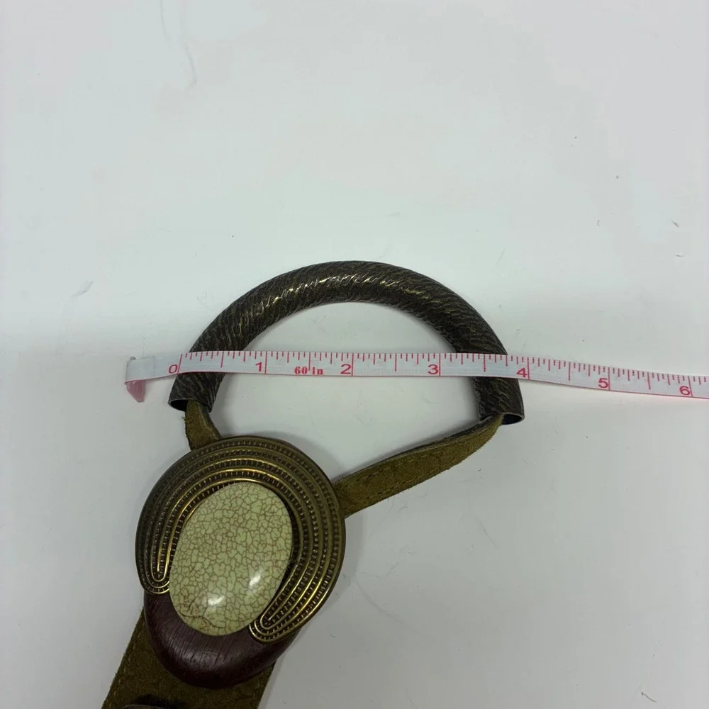 Vintage 90s Moss Green Leather Waist Belt Sculptural Faux Stone Ring Closure